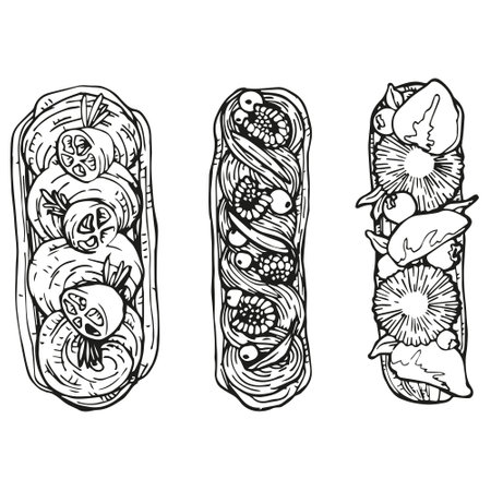 Vector graphic contour set of cream eclairs with blueberries, strawberries, kumquats. Special collection for Valentine's Day and Mother's Day. Collection for festive designerのイラスト素材