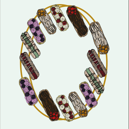 Vector graphic color image with eclairs of different fillings. Set for Mother's Day and Children's...