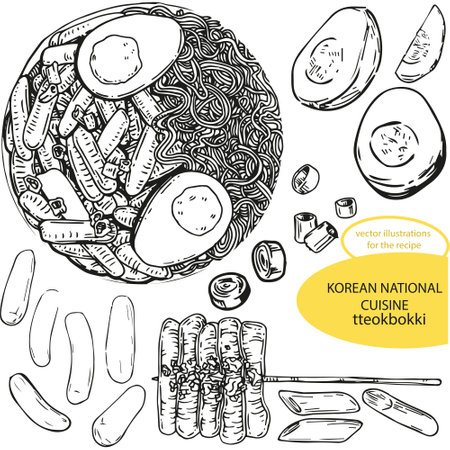 Vector graphic monochrome set with Korean cuisine tteokbokki. National Asian Kitchen Contour Collection. Image for textiles, scrapbooking, restaurant menusのイラスト素材