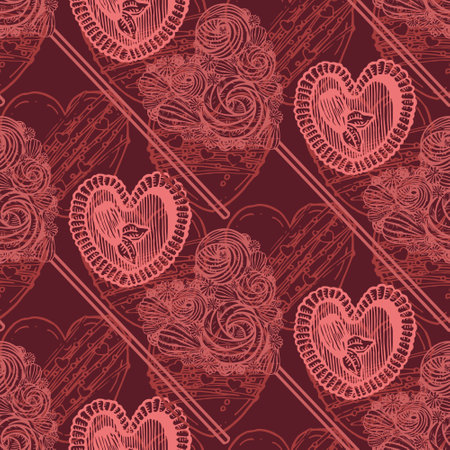 Vector graphic red pattern with meringue lollipops and cookies. Set for Valentine's Day, Weddings, Holidays. Collection for festive designer packaging, textiles, scrapbookingのイラスト素材