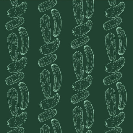 Vector graphic monochrome pattern with cucumber - an ingredient in national cuisines. National Asian Kitchen Contour Collection. Image for textiles, scrapbookingのイラスト素材