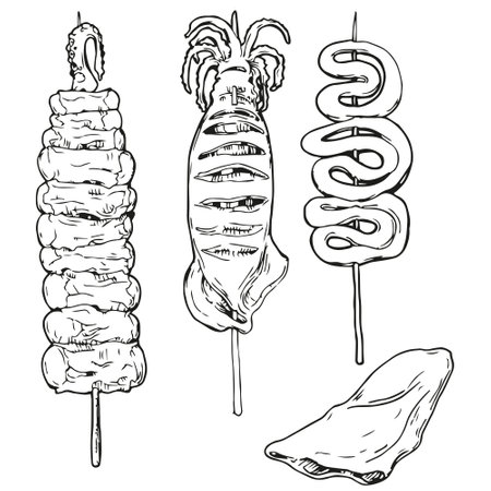 Vector graphic monochrome set with Korean cuisine ingredient: squid. Asian Contour Collection of National Cuisines. Image for textiles, scrapbooking, restaurant menuのイラスト素材