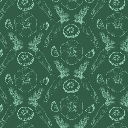 Vector graphic monochrome pattern with paprika, cucumber, daikon - an ingredient in national cuisines. National Asian Kitchen Contour Collection. Image for textiles, scrapbookingのイラスト素材