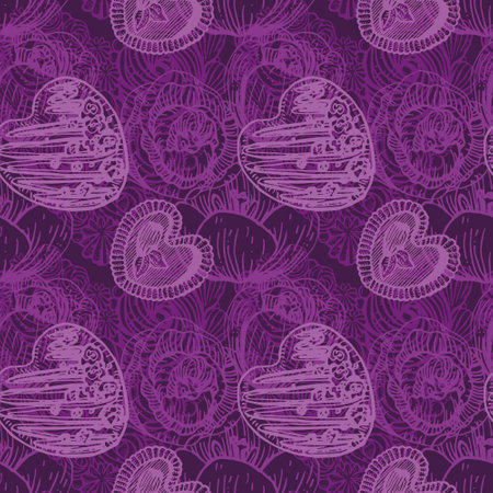Vector graphic violet pattern with heart-shaped biscuits. Set for Valentine's Day, Weddings, Holidays. Collection for festive designer packaging, textiles, scrapbookingのイラスト素材