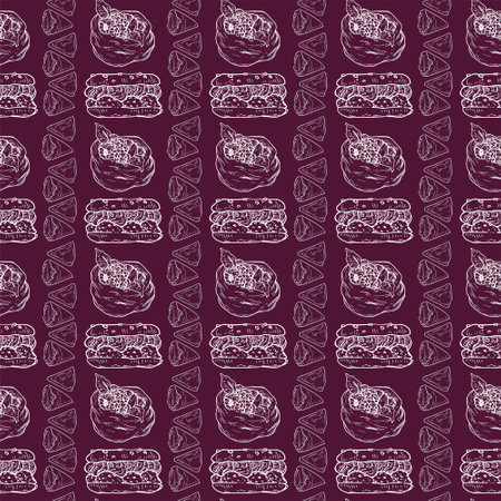 Vector graphic monochrome pattern with French meringue, Cuberdon. National European, French cuisine Contour Collection. Image for textiles, scrapbooking, restaurantのイラスト素材