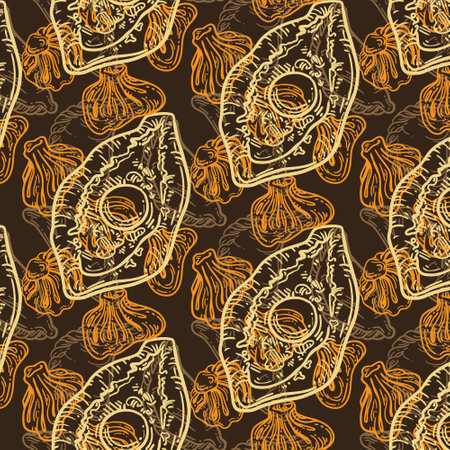 Vector graphic brown pattern with Khachapuri. National cuisine of the Caucasus and the East Contour Collection. Image for textiles, scrapbooking, restaurantのイラスト素材