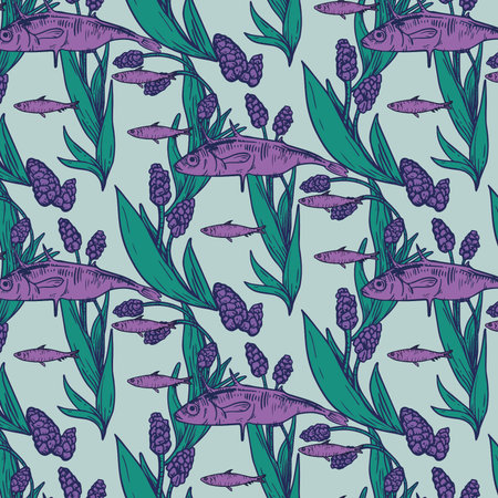 Graphic lilac pattern with muscari, fish vector image. Collection of plants and animals of Eastern Europe. Image for textiles, scrapbooking, officeのイラスト素材