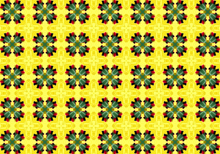 Yellow Ethnic pattern. Abstract kaleidoscope fabric design.の写真素材