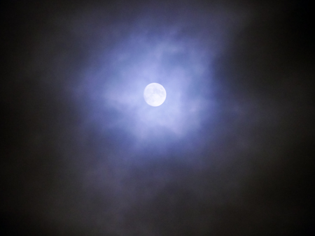 Moon and clouds in the fogy nightの写真素材