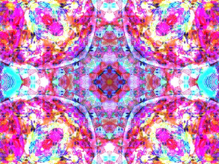 Kaleidoscopic floral pattern, mandala design in pink and purple colorsの写真素材