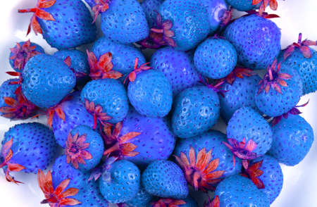 Abstract blue strawberry, symbolizing environmentally unsuitable products containing, poisons, saltpeter. Berry background.の写真素材
