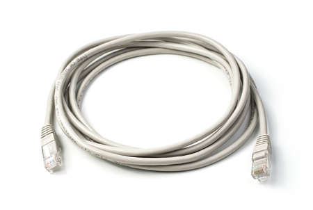Network cable of the router. Patch cord. Side view, on a white background. Concept of Internet...