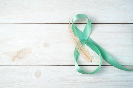 Eight of ribbon on a light wooden background. Top view with space to copy. The concept of spring, International Womens Day.の写真素材