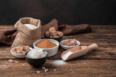 White and cane sugar on a wooden background. Side view with copy space. The concept of a grocery background.の写真素材