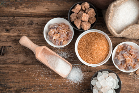 Cane, refined, crystalline sugar on a wooden background. Top view with copy space. The concept of a grocery background.の写真素材