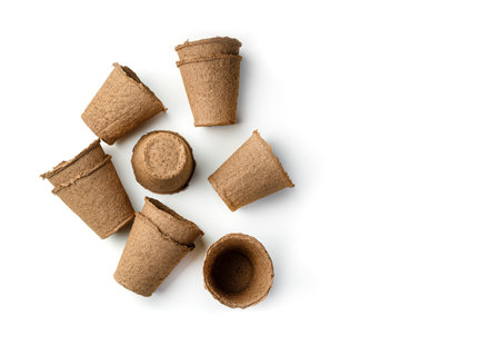 A set of pots for growing seedlings isolated on a white background. Top view, horizontal.の写真素材