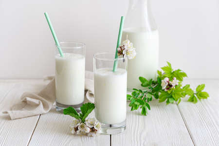 Traditional milk drink on a white background with greenery and flowers. Lassi, yogurt, ayran, kefir - healthy natural drinks.の写真素材