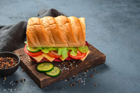Sandwich with sausage, cheese and fresh vegetables on a blue background. Side view, copy space.の写真素材