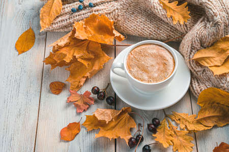 A cup of coffee, autumn foliage and a cozy sweater on a beige background. Autumn morning.の写真素材