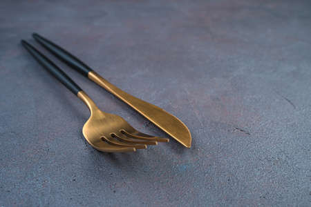 Fork and knife on a dark background. Side view, copy space.の写真素材