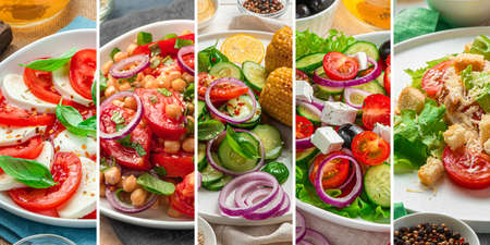 Food collage with different types of fat. Culinary background. Vegetarian salads, the concept of healthy nutrition.の写真素材