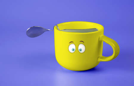 Emotional coffee cup on a blue background. A coffee cup with thoughtful eyes. Side view, copy space.の写真素材