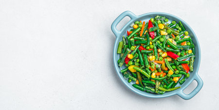 Frozen vegetables, a mixture of healthy vegetables. Cooking. Top view, copy space.の写真素材