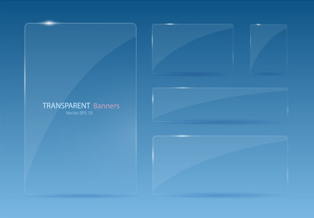 A set of glass banners on a blue background. Transparent banners with reflections and highlights. Vector illustration.のイラスト素材