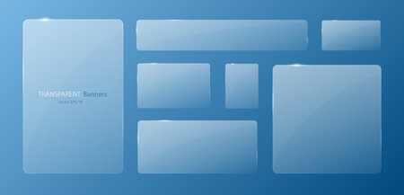 A set of transparent banners on a blue background. Vector illustration. Glass banners with highlights in the style of glassmorphism.のイラスト素材