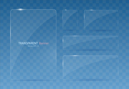 A set of glass banners on a transparent background. Transparent banners with reflections and highlights. Vector illustration.のイラスト素材