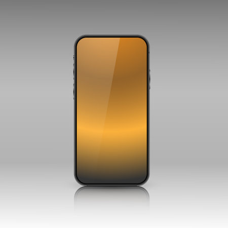 A smartphone layout with a golden gradient screen. Realistic 3D mobile phone with shadow and glare on a gray background. Front view of the device. Vector illustration.のイラスト素材