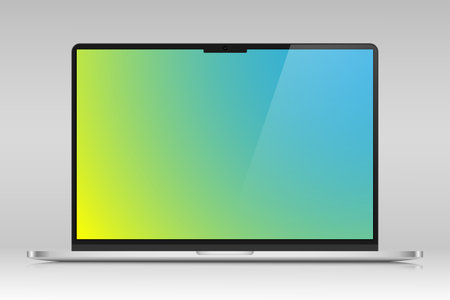 A laptop with a color screen and a glare on a gray gradient background. Realistic laptop layout in a silver thin metal case.のイラスト素材