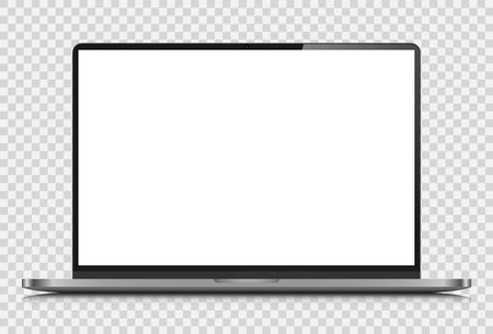 Realistic Laptop layout with a dark silver case and a white screen. A laptop with a reflection on a transparent background. Vector illustration.のイラスト素材