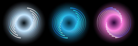 A set of circles of dotted halftones with neon glow on a black background. A design element. The effect of a rotating, disappearing gradient. Vector illustration.のイラスト素材