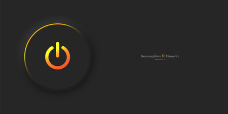 A round button with a yellow-orange power symbol on a black background. User interface elements in the style of neumorphism, UX. Vector EPS 10.のイラスト素材