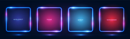 A set of four square neon frames with shining effects, highlights and inscriptions on a dark background. Futuristic modern neon glowing banners. Vector illustration.のイラスト素材