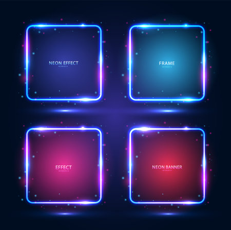 A set of square neon frames with shining effects, highlights on a dark blue background. Futuristic modern neon glowing banners. Vector illustration.のイラスト素材