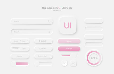 Collection of user interface elements for a mobile application. A set of icons for user interface development in white and light pink. Buttons for mobile devices in the style of neumorphism, UI, UX. Vector illustration.のイラスト素材