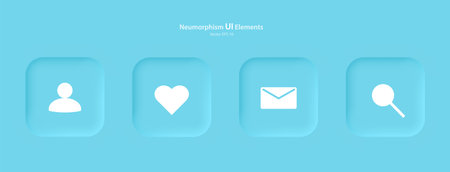 Set of buttons for designing user interface in blue. Elements, icons for mobile devices in the style of neumorphism, UI, UX. Set of icons for user interface development. Vector illustration.のイラスト素材
