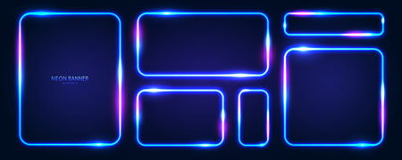 A set of rectangular neon frames with rounded edges with radiance effects, highlights on a dark background. Futuristic modern neon glowing banners. Vector illustration.のイラスト素材