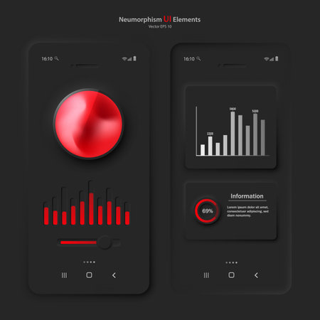 A set of user interface elements for a mobile application in black red. User interface icons for the internet, social networks, and business. Vector illustration.のイラスト素材