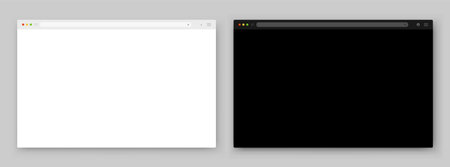 A set of browser window in white and black on a gray background. Website layout with search bar,...