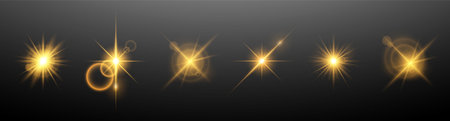 Shining golden light effects on a dark background. A collection of various glowing sparks, stars. The effect of glow, radiance, shine. Vector illustration.のイラスト素材