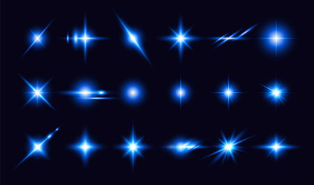 Transparent blue light effects on a black background. A collection of various glowing sparks, stars. The effect of glow, radiance, shine. Vector EPS 10.のイラスト素材