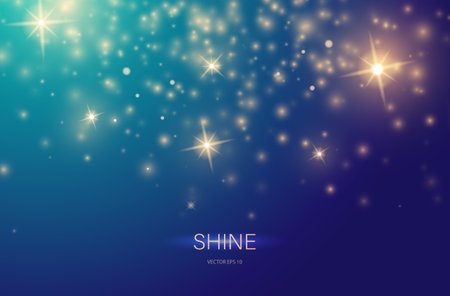 Stardust. Christmas glowing dust background. Light effect of golden stars and sparks. Sparkling elements on a blue gradient background. Vector EPS 10.のイラスト素材