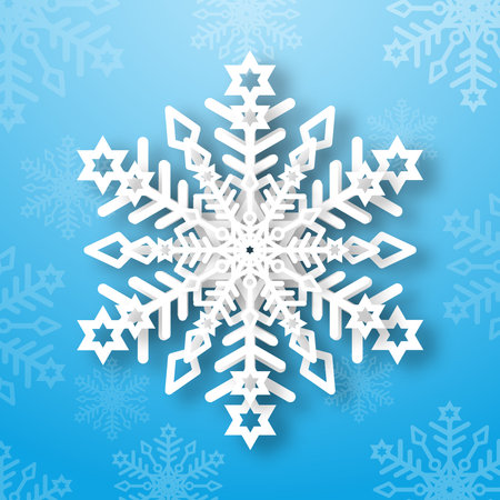 A white matte snowflake on a blue background. Paper snowflake with 3d effect Christmas decoration. New Years card. Vector illustration.のイラスト素材