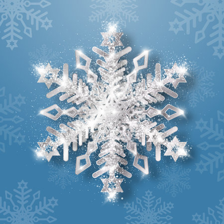 Snowflake with a silvery shiny texture on a blue background. A silver snowflake, a Christmas decoration, covered with bright glitter and sparks. Vector illustration.のイラスト素材