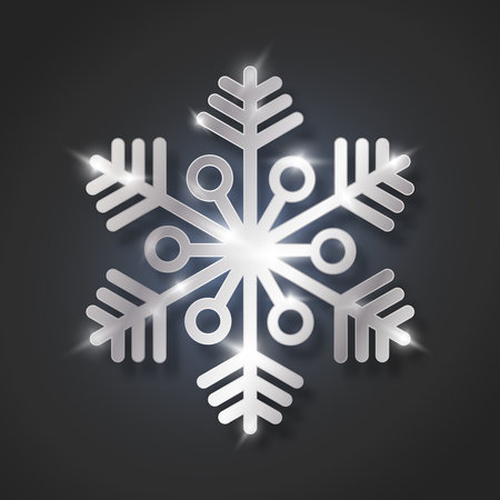 Silver snowflake with bright sparkle and sparkles on a dark transparent background for winter design. Christmas New Year cards. Frozen silhouette of a snowflake. Vector illustration.のイラスト素材