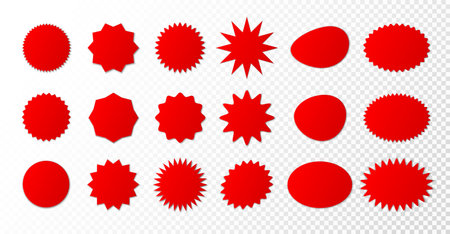 A large set of red sale advertising badges on a white background. Discount sticker, advertising badge, trade label. Vector EPS 10.のイラスト素材