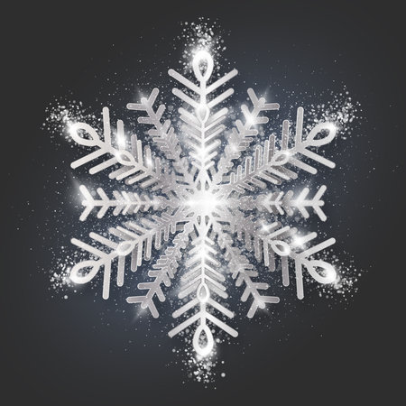 Silver snowflake with highlights and glitter on a dark graphite background for winter design. Frozen silhouette of a snowflake with highlights and sequins, a symbol of Christmas and New Year. Vector EPS 10.のイラスト素材